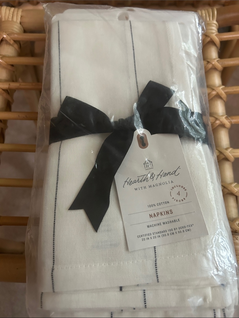 Hearth & Hand Two Sets of 4 White Cotton Napkins with Black Pinstripe
